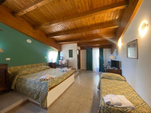 扎费拉纳-埃特内阿Fermata Spuligni - Turismo Rurale的一间卧室设有两张床和木制天花板