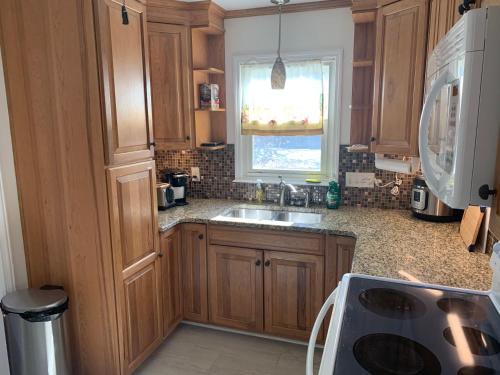 夏洛特Briar Creek Rd bnb的厨房配有木制橱柜、水槽和窗户。