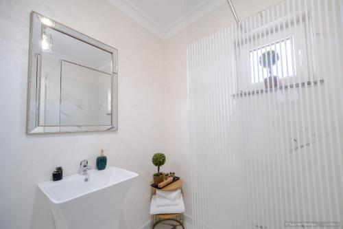 特尔古尼亚姆茨Tesa Boutique Hotel的白色的浴室设有水槽和淋浴。