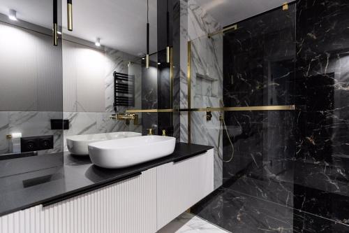 ZB Apartment Luxor Bobrowniki Rogożnik Pyrzowice的黑白浴室,在柜台上设有两个水槽