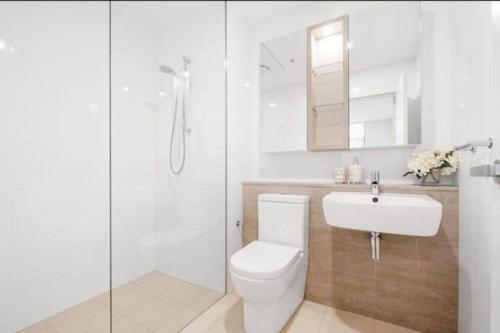 悉尼Pool View of Marquarie Park Paradise的浴室配有卫生间、盥洗盆和淋浴。