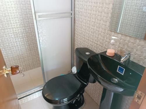 阿诺莱马Cabaña independiente en Granja Agroecologica的浴室设有黑色的卫生间和水槽。