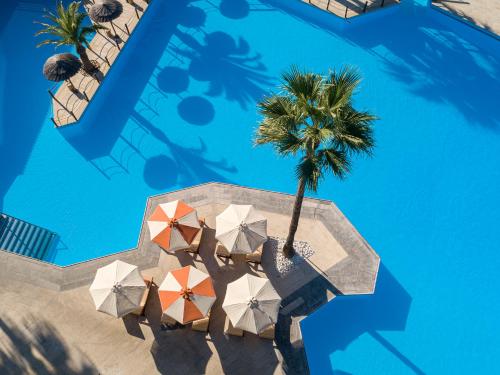 阿德里安诺斯坎波斯拉奎拉里斯马海滩酒店的享有游泳池的顶部景色,游泳池拥有棕榈树和遮阳伞