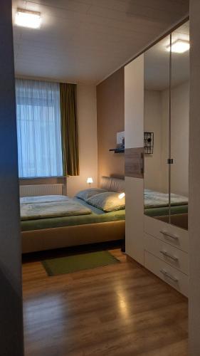 格拉茨Ferienwohnung Christa的一间卧室配有一张床和一面大镜子
