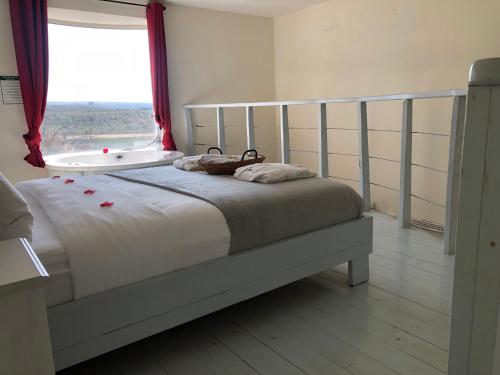 Ani'amאלרון - אירוח בגולן的一间卧室配有一张带窗户和浴缸的床。