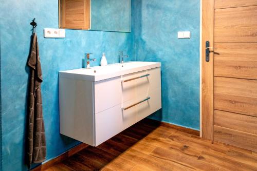 利布韦尔达矿泉村Vila Tess的浴室设有白色水槽和蓝色的墙壁