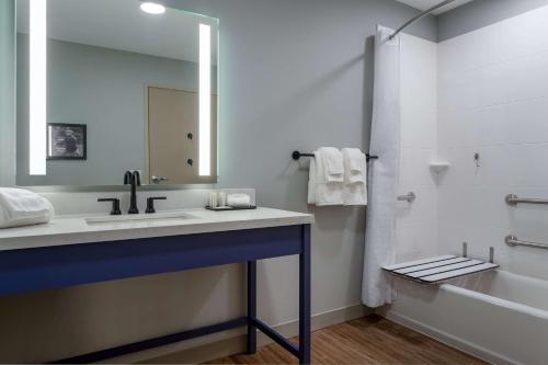 圣安吉洛AmericInn by Wyndham San Angelo的一间带水槽、浴缸和镜子的浴室