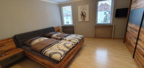 洪堡Ferienwohnung Bronder的一间卧室设有一张床和两个窗户。