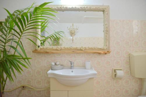 普拉卡米洛斯L'olivier Milos的浴室设有水槽、镜子和植物