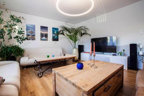 雷克雅未克Apartments Reykjavik的客厅配有沙发和桌子