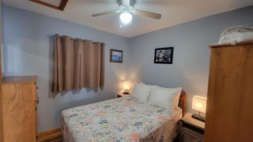 Codroy Valley Cottage Country的一间卧室配有一张床和吊扇