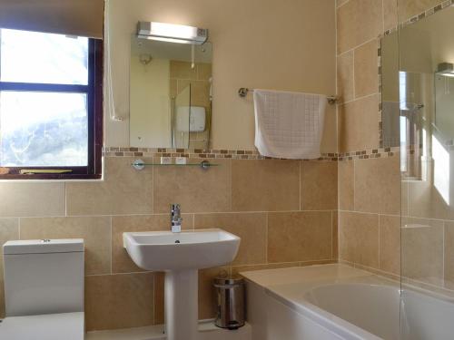 Llanfihangel-Bryn-PabuanRobins Retreat - Uk6548的浴室配有盥洗盆、卫生间和浴缸。