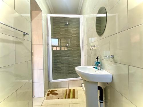纽卡斯尔Protea Guesthouse的一间带水槽和淋浴的浴室以及窗户。