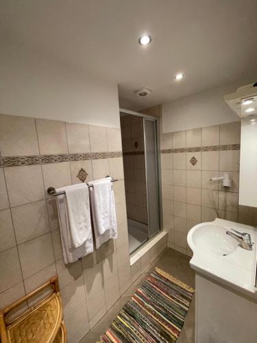 卡普芬贝格Waldrestaurant VIDA的浴室配有盥洗盆、淋浴和毛巾