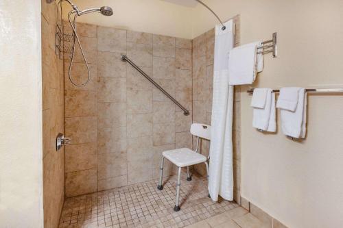 佩里斯堡Baymont by Wyndham Perrysburg-Toledo的浴室内配有带白色椅子的淋浴