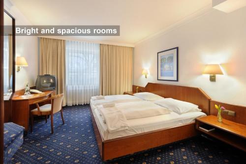 慕尼黑安巴赛德公园酒店的配有一张床和一张书桌的酒店客房
