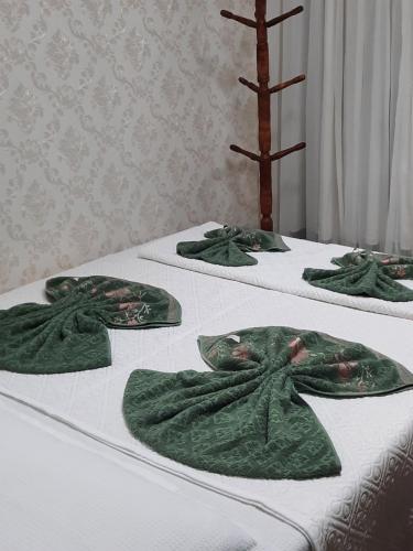 维拉维尔哈Mini Casa independente no bairro Praia das Gaivotas的三张床,上面有绿色毛巾