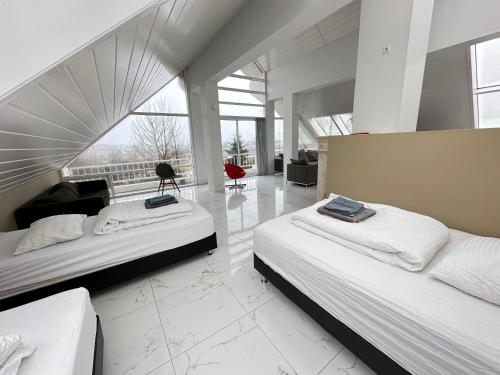 雷克雅未克Big Villa centrally located in Reykjavik的一间带两张床的卧室和一间客厅