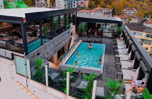 Gokcedere黑鸟Spa酒店的享有大楼游泳池的顶部景致