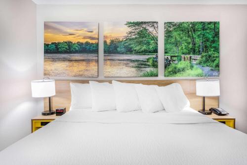 奥兰多北奥兰多戴斯酒店的卧室配有一张白色床,墙上挂有三幅画作