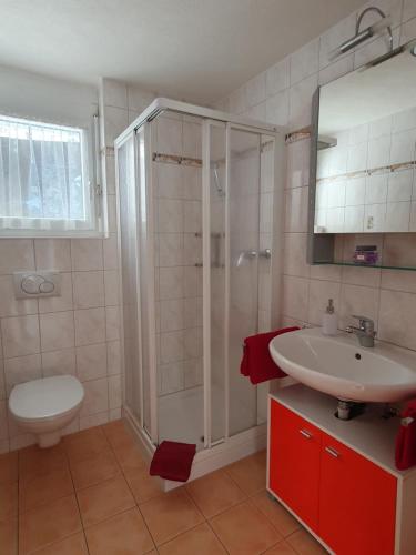 萨斯格伦德Haus Artemis的带淋浴、盥洗盆和卫生间的浴室