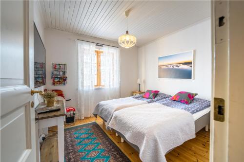 吕勒奥Luleå Village Cabin的一间卧室设有两张床和窗户。
