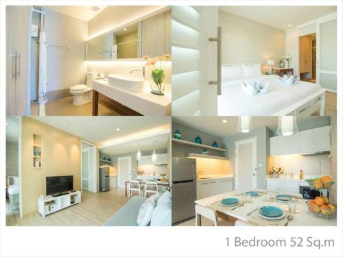 三百岭The Sea Condominium的厨房和客厅的照片拼合在一起