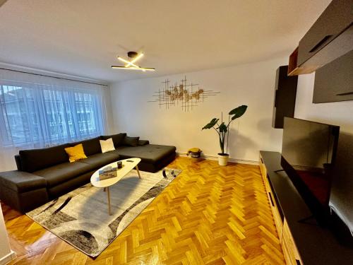 蒂米什瓦拉ESI Apartments #Central的客厅配有黑色沙发和桌子
