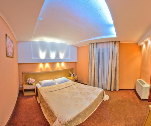 克里沃罗格Optima Deluxe Kryvyi Rih的酒店客房,设有床铺和蓝色天花板