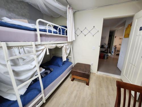 江陵市Aark旅舍的一间卧室配有两张双层床和镜子
