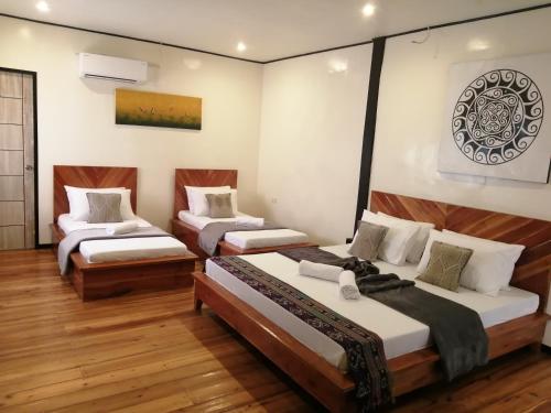 爱妮岛Keira Backpackers的铺有木地板的客房内的三张床