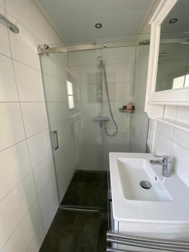 B & B d’ Uitwijkerpoort的白色的浴室设有水槽和淋浴。