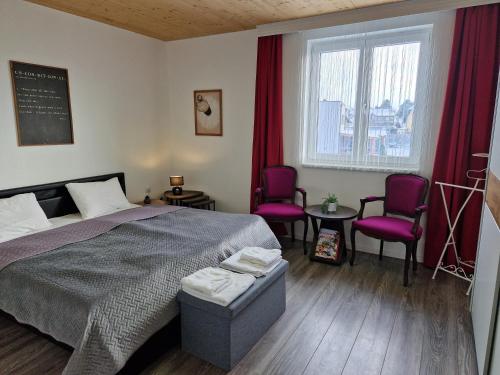圣珀尔滕Apartment St. Pölten的一间卧室配有一张床、两把椅子和一个窗户