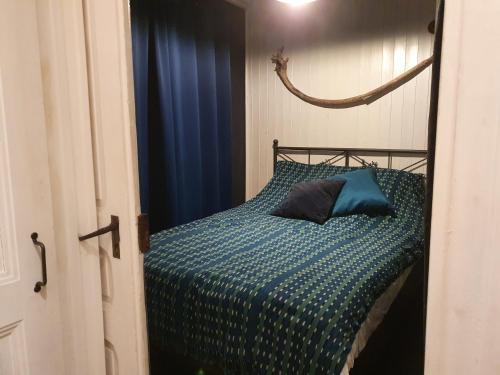 依瓦勒A Room with a View - Maisonnette dans bourg médiéval au bord du Lac Léman的一间卧室配有一张带蓝色棉被的床