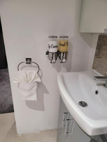 吉林汉姆Hidden Treasure-Netflix and Wi-Fi的一间带水槽和毛巾架的浴室