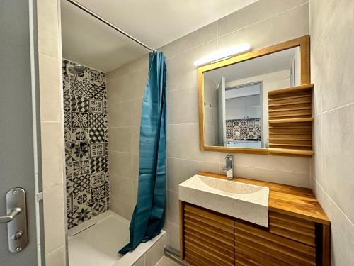 圣马迪拉莫Appartement Duplex 4pers Climatisé - Location Valadié Camargue的一间带水槽、淋浴和镜子的浴室