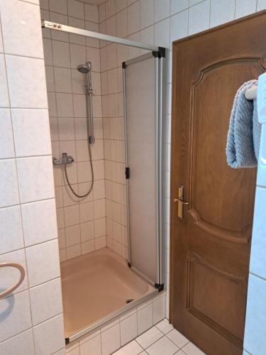 策尔廷根-拉蒂希Pension Birgit Pazen的浴室里设有玻璃门淋浴