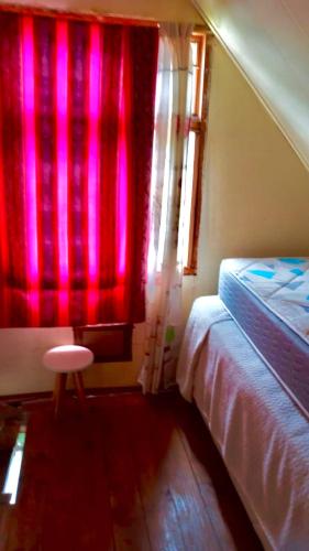 乌斯怀亚La alpina de YOLI的一间卧室配有一张床和一个粉红色的窗户