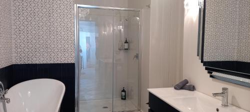但尼丁St David's on James Luxury apartments的带淋浴、卫生间和盥洗盆的浴室