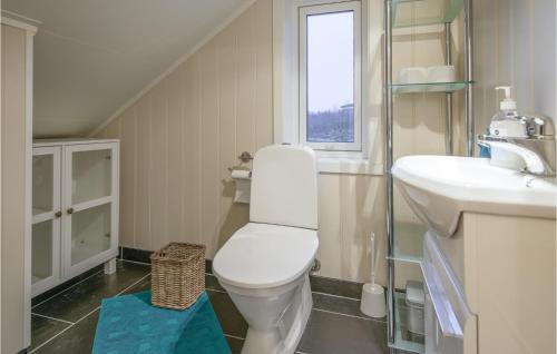 斯托克马克内斯Beautiful Home In Stokmarknes With House A Panoramic View的一间带卫生间、水槽和窗户的浴室