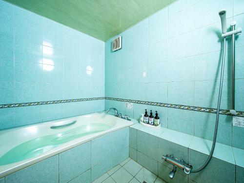 丰冈市Hotel Rakuseki Honkan的带浴缸和盥洗盆的浴室