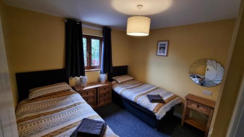 布里奇沃特Chestnut Lodge, Summerhayes的配有镜子的客房内的两张床