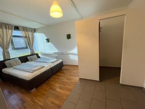 格拉茨Veni Apartments的一间设有床铺的卧室,位于带窗户的房间内