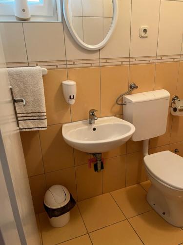 塞维德Apartments Pralija的一间带水槽、卫生间和镜子的浴室