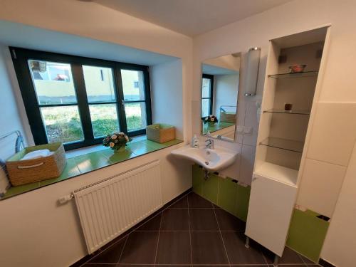 GlashütteFerienhof Herm的一间带水槽和镜子的浴室
