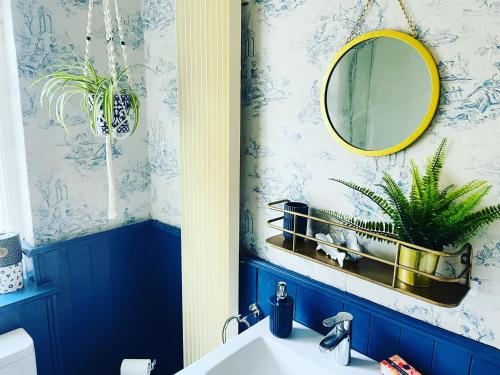 哈沃斯Tipple Cottage的浴室设有蓝色的墙壁、镜子和水槽