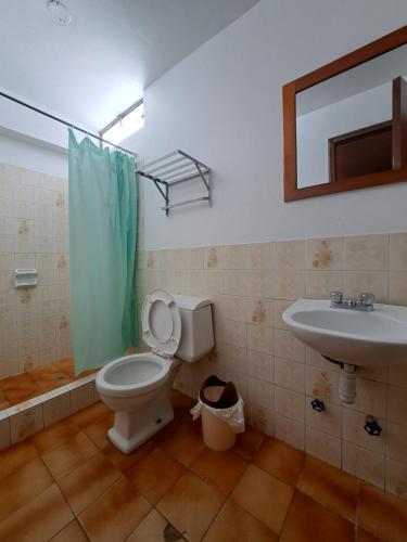 瓦拉斯Hotel la casona的一间带卫生间和水槽的浴室