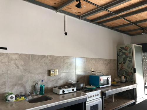 萨尔塔Lapacho Hostel Salta Coliving的厨房配有水槽和炉灶 顶部烤箱