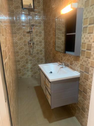 OuoranAuberge Keur Ely的浴室配有盥洗盆和带镜子的淋浴