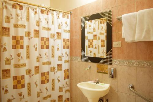 瓜亚基尔Hostal Galápagos - Guayaquil的一间带水槽和淋浴帘的浴室